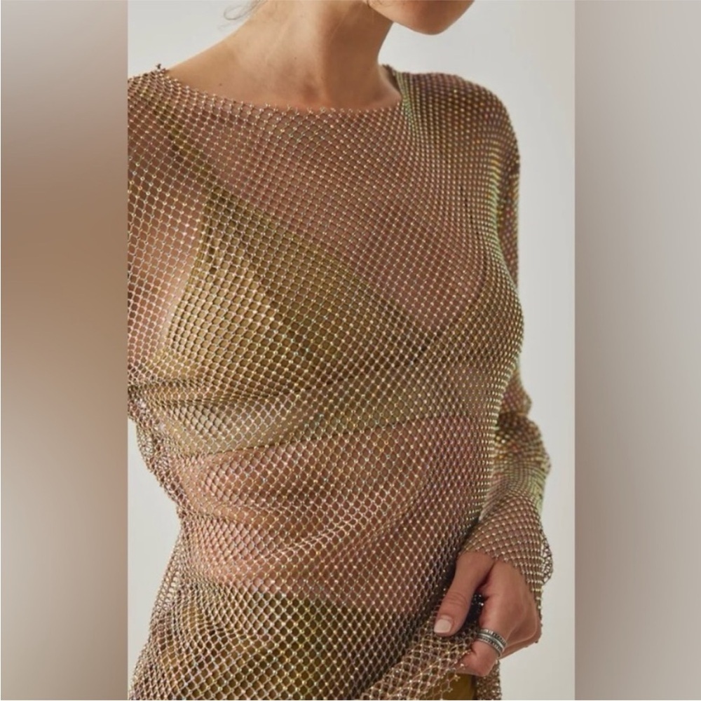 NEW Free People Filter Finish Long Sleeve Mesh Rhinestone
